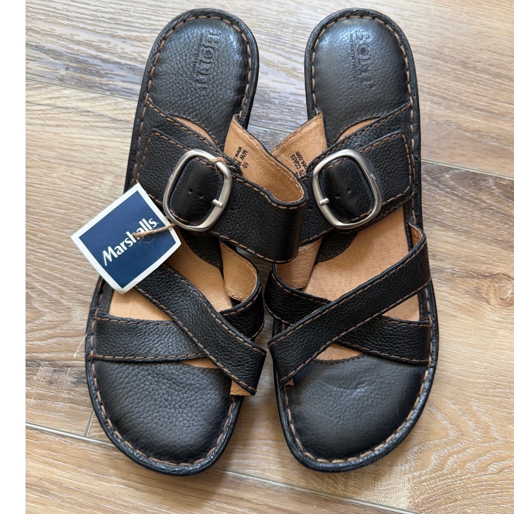 Børn Black Leather Crisscross Buckle Wedge Sandals Size 10 Slip-On Comfort NWOB - Picture 3 of 10